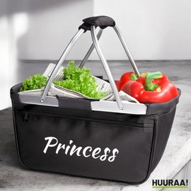 Huuraa Folding Shopping Basket Princess Lettering Gift 20 Litre Carry Basket Black Princess Gift Idea
