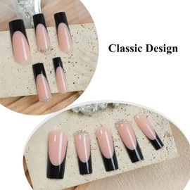 MERVF Long Press on Nails Square Fake Nails Black French Tip Glue ons Rhinestones Design Acrylic Squoval Nail Supplies Art DIY for Women Glossy 24pcs