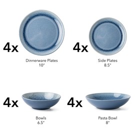 Arora FAIT Round Stoneware 16pc Double Bowl Dinnerware Set for 4, Dinner Plates, Side Plates, Cereal Bowls, Pasta Bowls - Reactive Glaze Blue (449322)