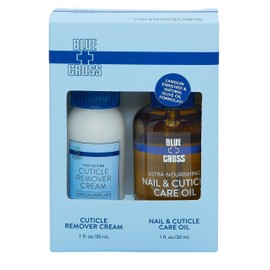 Blue Cross Cuticle Remover Cream 1oz + Professional Nail Care Oil for Dry Damaged Cuticles 1oz, 2 Pack Gift Set, Made in USA