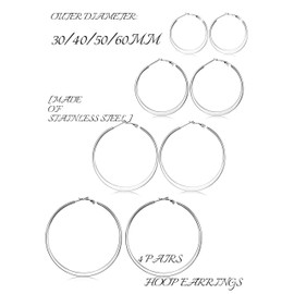 MILACOLATO 4 Pairs Silver Hoop Earrings for Women Large 316L Stainless Steel Hoop Earrings Set Hypoallergenic Big Thin Gold Earrings for Women Girls Lightweight 30/40/50/60MM Silver