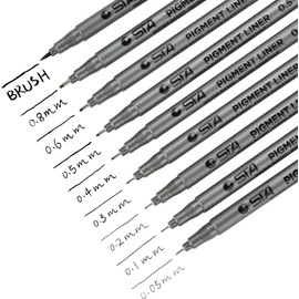 Willingood Fineliner Pigment Liner Set [9 Pieces] with 8 Line Widths and 1 Brush (Black Fineliner Pens Artist Set Pigment Liner
