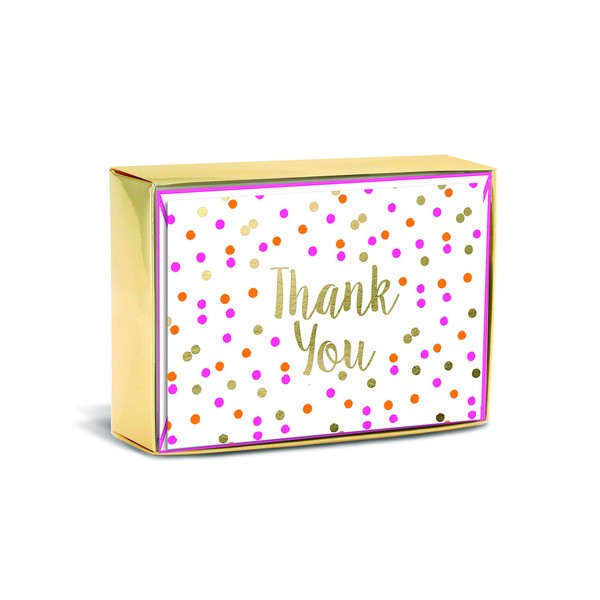 Graphique Neon Dots Boxed Notecards, 16 Colorful Polka-Dotted"Thank You" Message Cards, Embellished Gold Foil Notecards with Matching Envelopes and Storage Box, 3.25" x 4.75"