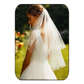 EASEDAILY Pearl Bride Wedding Veils White Short Elbow Length 2 Tier Bridal Tulle Veil with Comb