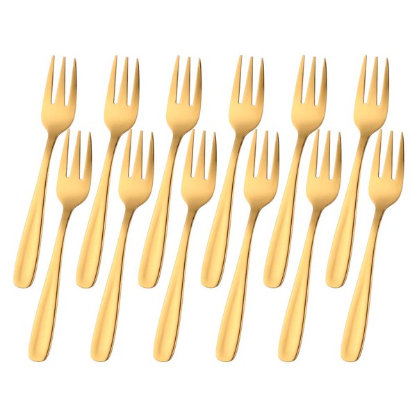 Juego de 12 tenedores de postre Baikai de acero inoxidable 18/10 con acabado de degustación para cócteles, mini tenedores de ensalada y fruta, 14 cm (dorado)