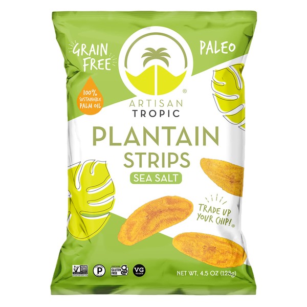 ARTISAN TROPIC Plantain Strips - Vegan, Paleo, Gluten Free Chips – Whole 30 Approved Foods Non-GMO Healthy Snack for Lunches, Dipping, Parties - Baked Banana Chips – Sea Salt (4.5 Oz - 2 Pack)