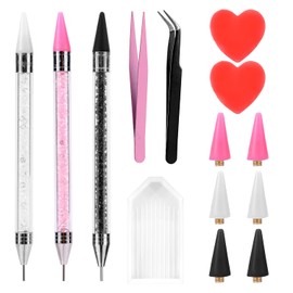 14pcs Bedazzling Rhinestone Picker Tools Kit, Includes 3 Dual-End Wax Pens, 6 Wax Tips, 2 Clay Pad, 1 Plate, 1 Straight & Curved Tweezers Set for Nail Charms Gems Crystals Diamond Pickup