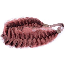 BOBIYA Messy Wide 2 Strands Synthetic Hair Auburn Braided Headband Classic Chunky Braided Headband Elastic Stretch Braided Hair Band (Burgundy)