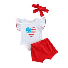Infant Baby Girl Shorts Outfit Set 4th of July Romper + Bloomer+ Headband Independence Day Summer 3PCS Clothes Sets (American Flag Heart,18-24 Months,)