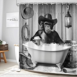 Funny Monkey Shower Curtain Western Cowboy Chimpanzee in Bathtub Black White Animal Wildlife Rustic Farmhouse Wood Board Bathroom Set Boys Men Bath Decor Accessories Home Decor with Hook 70Wx70H Inch
