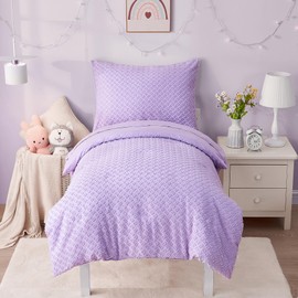 4 Piece Boho Toddler Bedding Sets for Girls Lavender Purple Crib Bed Sheets Set Soft Jacquard Tufted Geometric Baby Comforter Set Bed in a Bag | Include Comforter, Flat Sheet, Fitted Sheet, Pillowcase