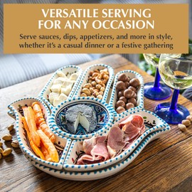 Kamsah Hamsa Serving Platter – 7-Piece Hand-Painted Ceramic Colorful Serving Dishes for Snacks, Appetizers, Dips and More – Moroccon Decorative Platters for Celebrations, Parties and Events