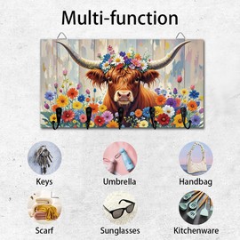 DELORIGIN Highland Cattle and Flowers Key Holder Key Hooks Wall Mounted Wooden Key Racks with 5 Hooks Key Storage Organizer House Key Hanger for Wall Decor Door Entryway Hallway Kitchen New Home Gift