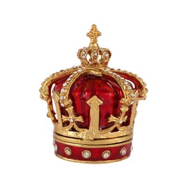 QIFU Red Crown Style Enameled Jeweled Trinket Box Hinged Unique Gift for Family
