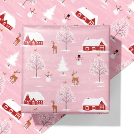 Cuitpan Pink Christmas Wrapping Paper - Xmas Gift Wrap with Snowy Houses, Reindeer, Snowmen & Trees Design - Perfect for Kids & Adults Gift Wrapping - 40×28 Inches, 4 Folded Sheets