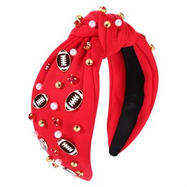 Football Headband Pearl Rhinestone Jeweled Knotted Headband Fun Sports White Hot Pink Black Blue Football Embellished Wide Top Knot Hairband Headpiece Game Day Sports Hair Accessories Gift for