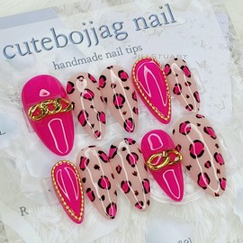 Hot Pink Leopard Handmade Nail Tips - Stiletto M / 핫핑크 레오파드 수제네일팁 - 스틸레토M