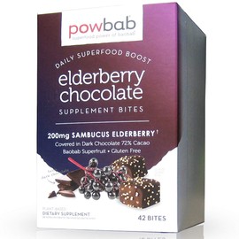 powbab Elderberry Chocolate Bites with Organic Sambucus Elderberry. 33% Less Sugar Than Elderberry Gummies. Organic Dark Chocolate 72% Cacao. Baobab, Acerola Cherry (42 Count)