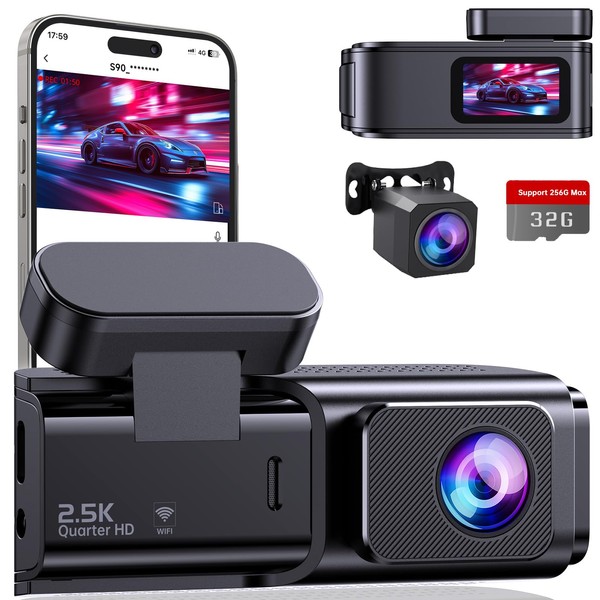 Dash Cam Car Front Rear 2.5K + 1080P, Ultra HD