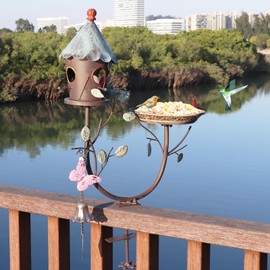 HLQMFHT Deck Bird Bath, 2 in 1 Metal Bird Bath and Bird Houses, Decorative Deck Mounted Bird Baths, Detachable and Adjustable Sturdy Deck Bird Bath for Outdoor Porch Yard Garden Decoration