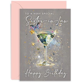 Old English Co. Happy Birthday Card for Sister-in-law - Stylish Sister in Law Birthday Card - Cocktail Design - Contemporary Female Birthday Card for Her - 30th 40th 50th 60th 70th | Blank Inside