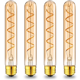 Grensk E26 40 Watt Long Light Bulb,7.3inch Tubular Light Bulbs Dimmable,4W T10 LED Edison Bulbs 400LM,2700K Warm White Antique Spiral Filament Type T Bulb,110V,Amber(4-Pack)