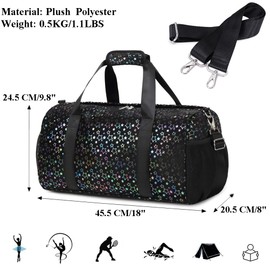 Sports Bag and Travel Bag for Children Girls Teenagers Weekender 25L Multifunctional Travel Bags School Sports Bag Girls, Plush stars black