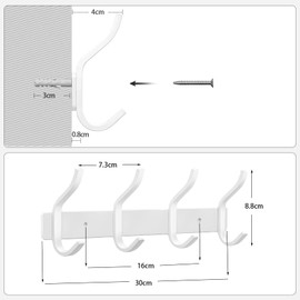 MEIJO Stainless Steel Coat Hooks, Wall Coat Hooks with 4 Hooks, Coat Rack, Wall Coat Rack for Bedroom, Bathroom, Kitchen (White, 4 Hooks, Pack of 2)