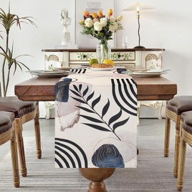 Cheekywares Tischläufer Abwaschbar Leinen Tischläufer Frühling Sommer Blätter Geometrisch Blume Pflanze Modern Küche Esstisch Dekor für Drinnen und Draußen Urlaub Party Wohnzimmer Grau 40x140 cm