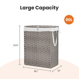 Elevon 90L Laundry Basket with Lid, Hand-Woven Pp Rattan Laundry Hamper with Compartments & Handles, Foldable, Large Capacity Clothes Basket with Removable Liner for Bathroom, Gray