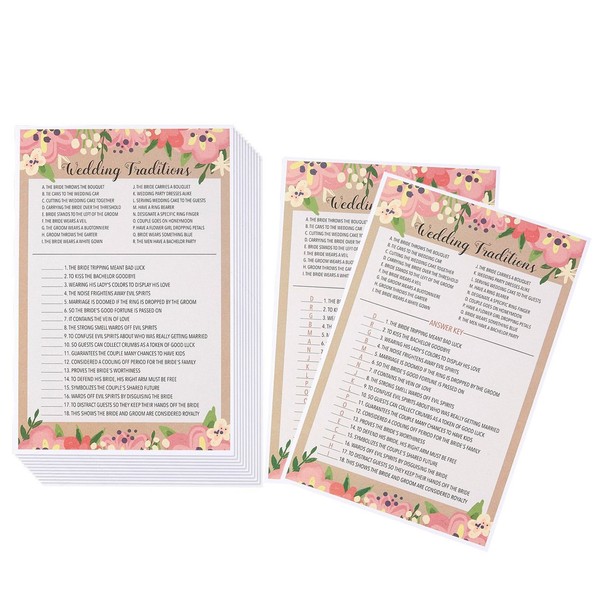 Bridal Shower Game Cards - 50 Wedding Traditions Game Sheets and 2 Answer Keys for Bride-to-Be Bachelorette, Engagement, Wedding Party, Floral Pink Pattern, 6 x 9 Inches