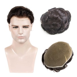 Amiable Mens Full Lace Toupee Hairpiece 7 * 9 Inch, European Human Hair Replacement Systems for Men with Soft Full Bleached Knot Medium Density Dark Brown Color #2
