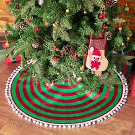 MACTING Christmas Tree Skirt, 48 Inches Red and Green Stripes Tree Skirt with Small Pom Poms Edge for Xmas Tree Christmas Decoration