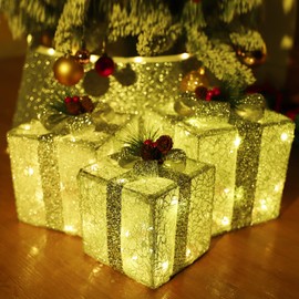 ATTGREAT Christmas Lighted Gift Boxes, 80 LED Large 8.6"-7"-6.3" Silver Presents Gift Box Under The Xmas Tree for Indoor Outdoor Decorations（Set of 3）