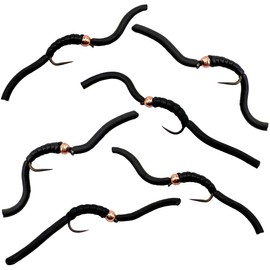 Thor Outdoor 6 Pc Squirmy Wormy Set, Black Size #12 - Barbless Wet Worm Fly Fishing Flies for Trout, Panfish, Bass