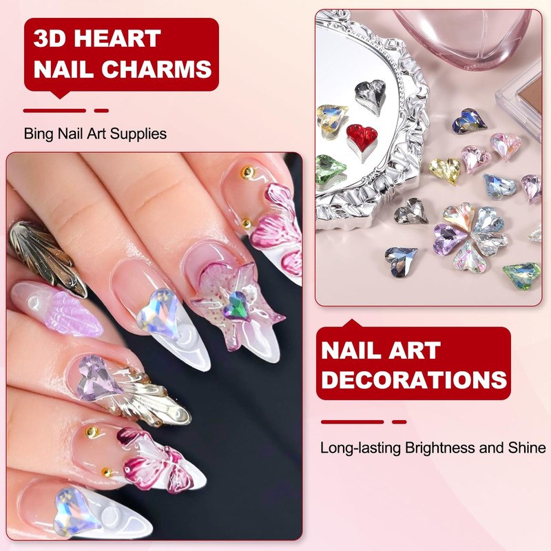 MECCANIXITY 20 Pcs 3D Heart AB Nail Rhinestones 12x13mm K9