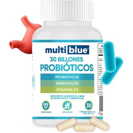 Probióticos y Prebióticos 30 Cápsulas | 30 Billones UFC | Lactobacillus, Acidophilus, Paracasei y Vitamina D3 | 100% Natural, Sin Gluten | 1 capsula diaria (1 mes) | Suplementos Alimenticios MULTIBLUE