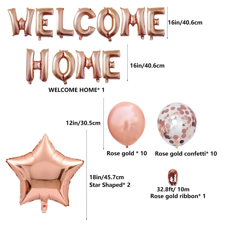 JumDaQ ウェルカムホームレターバルーンバナー 星のスパンコールバルーン付き ホームファミリーパーティーデコレーション (24パック) (ゴールドローズ)