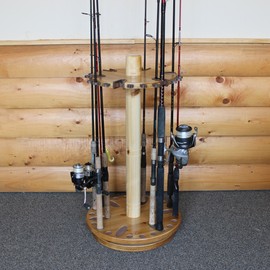 Rush Creek Creations Round Spinning 30 Fishing Rod Rack - No Tool Assembly - 360 Degree Rotation, light wood (38-3005)