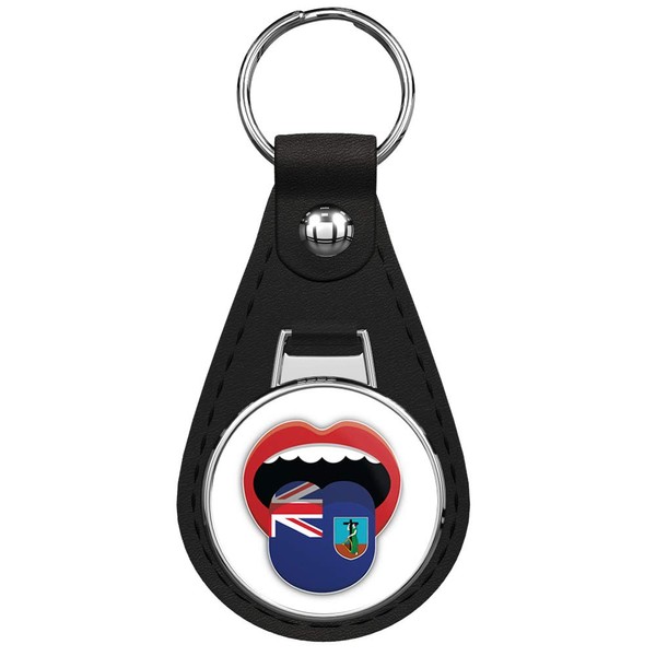 Montserrat Flag Mouth Keychain Black Premium Leather Key Chain with