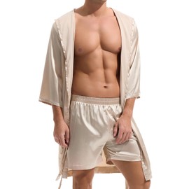 Amy Coulee Men's Satin Robe Bathrobe Lightweight Sleepwear Pyjamas for Men, champagne