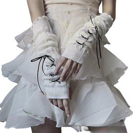 Y2K Arm Warmers for Women Teens Japanese Harajuke Lolita Cute Knitted Fingerless Gloves Thumb Hole Gloves (Black)