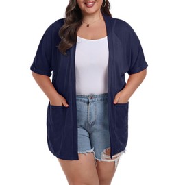 OLRIK Plus Size Cardigan for Women Summer Cardigan for Women Pockets Drape Trendy 2024 Sweaters Casual Loose Fit Duster Cardigan Lightweight Cardigan Navy Blue-3X