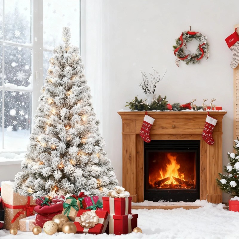 Makeatree 5 ft Prelit Snow Flocked Artificial Full Christmas Tree