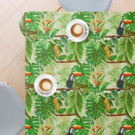 Green Tropical Jungle Wipe Clean Tablecloth - Textil Look - Rectangular 200x140 cm 78x55in - 6 Seats - Waterproof Vinyl PVC Wipeable Plastic Table Cloths - Garden Kitchen - Toucan Birds Palm Leaves