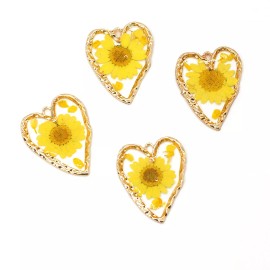 4PCS Gold Tone Real Dry Flower Resin Irregular Heart Charm Pendant Supply GBY712