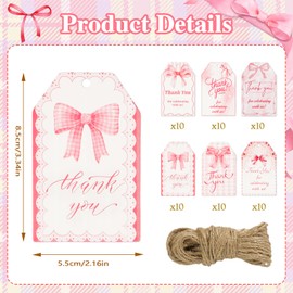 Konsait Bow Gift Tags with String, 60 Pack Bow Tag Pre-Punched, Pink Thank You for Celebrating with Us Tag Gift Wrapping Accessories Crafts Supplies