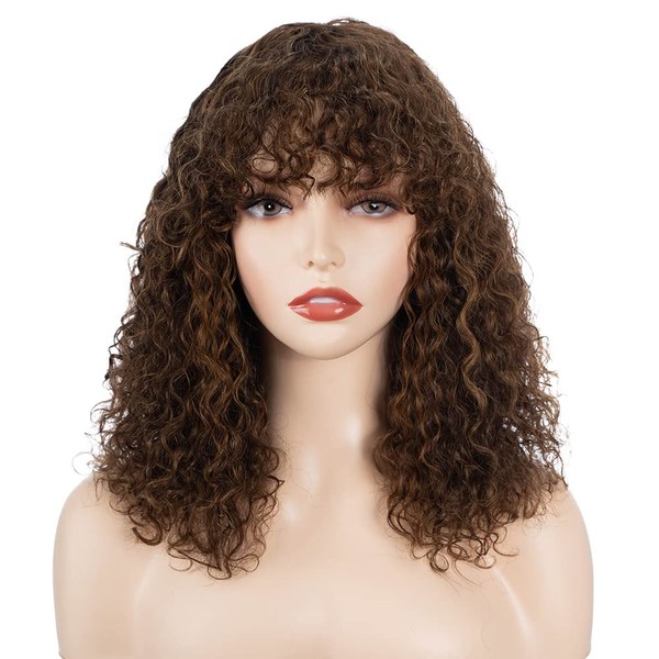 FASHION IDOL Bob Curly Real Hair Wigs with Fringe Jerry Curl Bob Wigs Real Hair Brazilian Virgin Human Hair No Lace Front Wigs for Women (35 cm, P4/30/27)