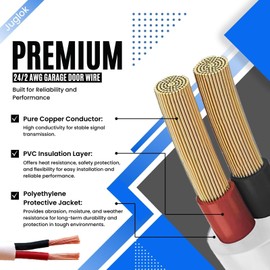 Garage Door Wire - 24/2 AWG Multi-Conductor Thermoplastic-Insulated Wire, Universal 2 Conductor Cable for Garage Door Sensors (100ft)