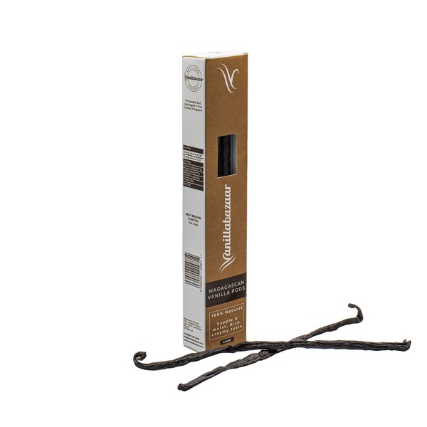 Vanillabazaar Sustainable Madagascan Grade A Beans - 2 Bourbon Gourmet Vanilla Pods in Resealable Tube for Chefs & Home Baking / Extraction Purposes
